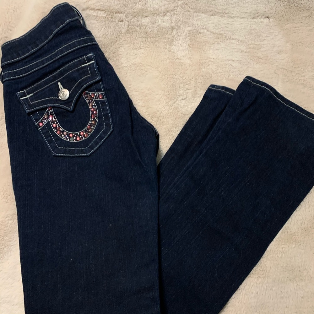 { True Religion } Pink Rhinestone Dark Wash Jeans - Picture 7 of 8
